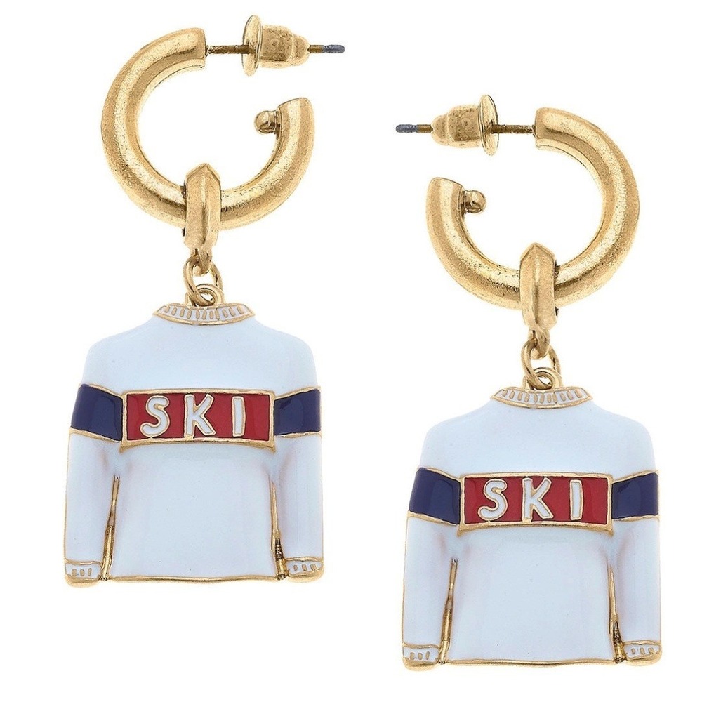 CANVAS STYLE Gold Plated Hoop Earrings Ski Sweater White Red Blue Enamel NWT